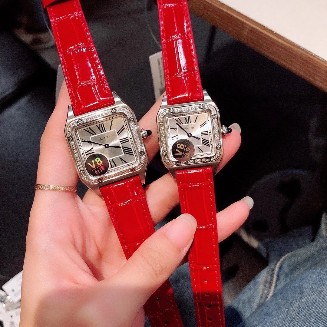 Cartier Watch Square Face Crocodile Red Strap